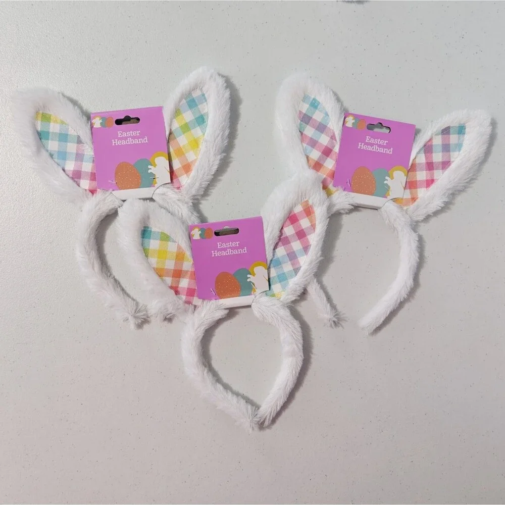 New DanDee Easter Bunny Ears Headband 8 Lot White Blue Plush Gingham Plaid NWT